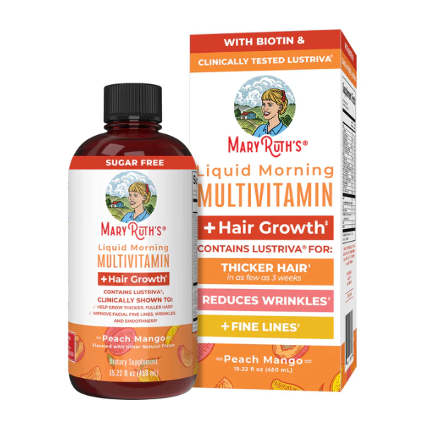 Multivitaminico Matutino + Crecimiento del Cabello sabor Durazno-Mango, Liquido (15.22 fl oz), Mary Ruth´s