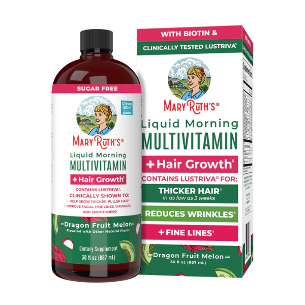 Multivitaminico Matutino + Crecimiento del Cabello Sabor Pitaya-Melon, Liquido (30 oz/ 887 ml), Mary Ruth´s