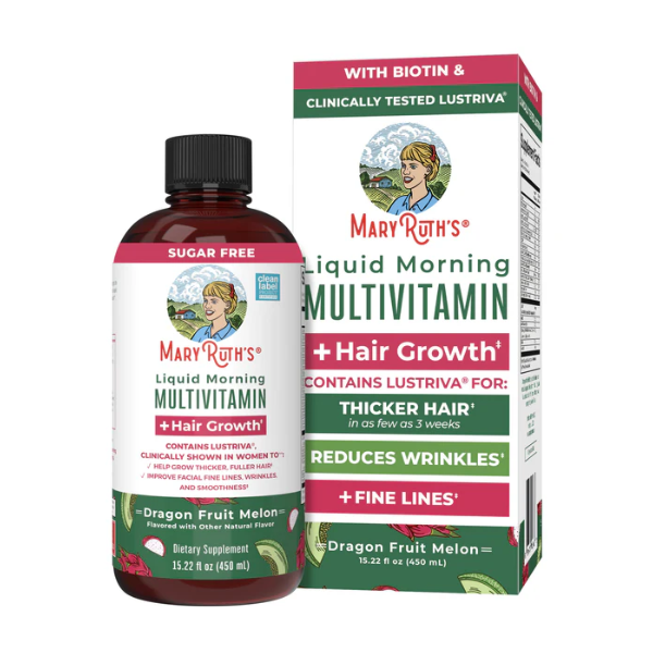 Multivitaminico Matutino + Crecimiento del Cabello Sabor Pitaya-Melon, Liquido (15.22 oz/ 450 ml), Mary Ruth´s