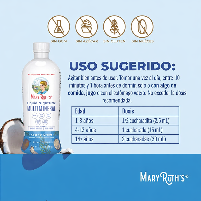 Multimineral Nocturno Sabor Coco, Liquido 450 ml (15.22 fl oz), Mary Ruth's