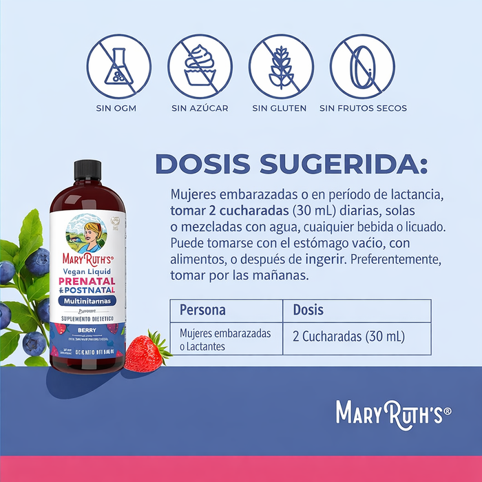 Multivitaminico Prenatal y Postnatal Sabor Frutos Rojos, Liquido 946 ml (32 fl oz), Mary Ruth´s
