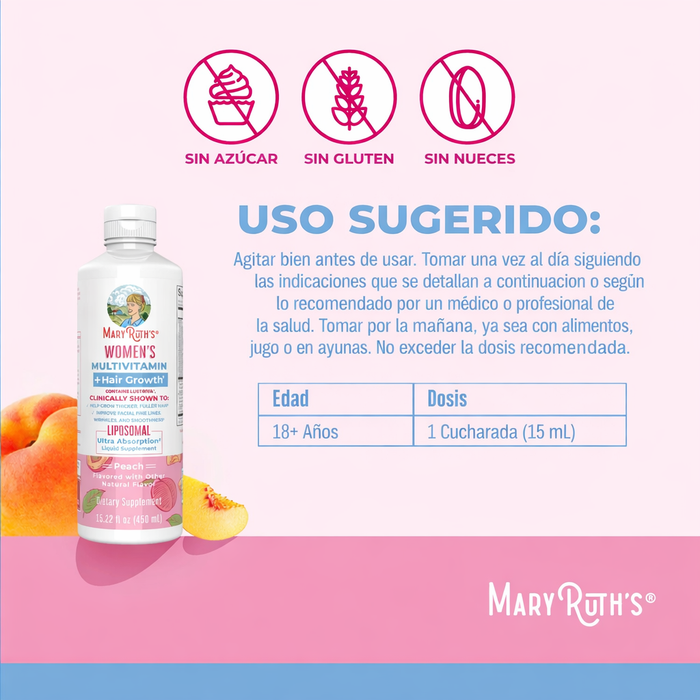 Multivitaminico + Lustriva Crecimiento del Cabello para Mujer Sabor Durazno, Liposomal 450 ml (15 fl oz), Mary Ruth's