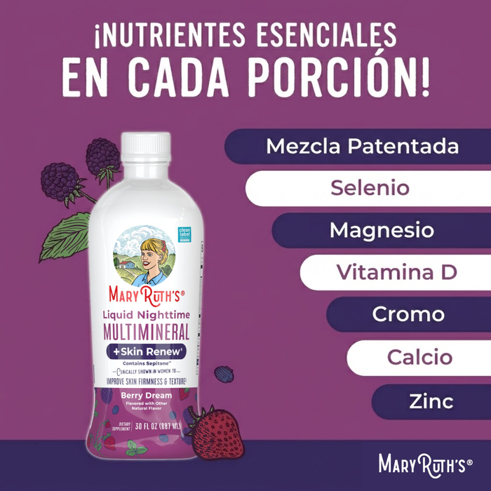 Multimineral Nocturno + Renovacion de Piel Sabor Frutos Rojos, Liquido 887 ml (30 fl oz), Mary Ruth's