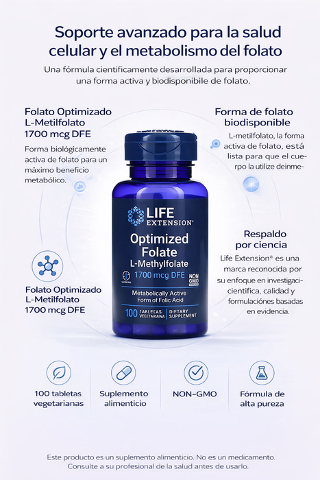 Folato Optimizado L-Metilfolato 1700 mcg DFE (100 veg tabs), Life Extension