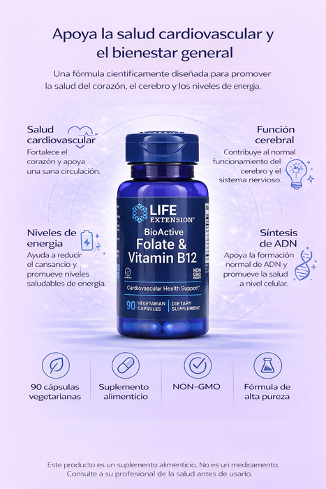 Folato Bioactivo y Vitamina B12 (90 veg caps), Life Extension