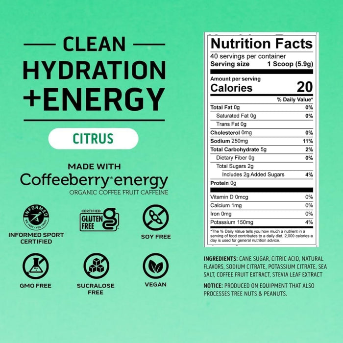 Electrolitos Clean de Hidratacion + Energía Sabor Cítrico (8.32 oz 236 g), Ascent