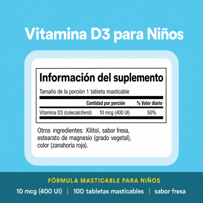 Vitamina D3 para Niños Sabor Fresa 10 mcg (400 IU) (100 tabs masticables), Natural Factors