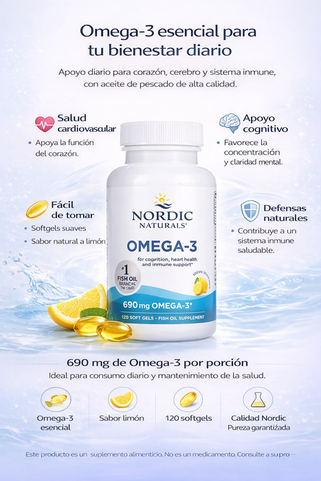 Omega-3 690 mg Sabor Limón (120 softgels), Nordic Naturals