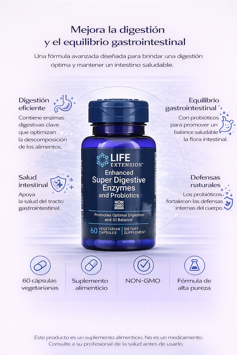 Enzimas Super Digestivas Mejoradas y Probioticos (60 veg caps), Life Extension
