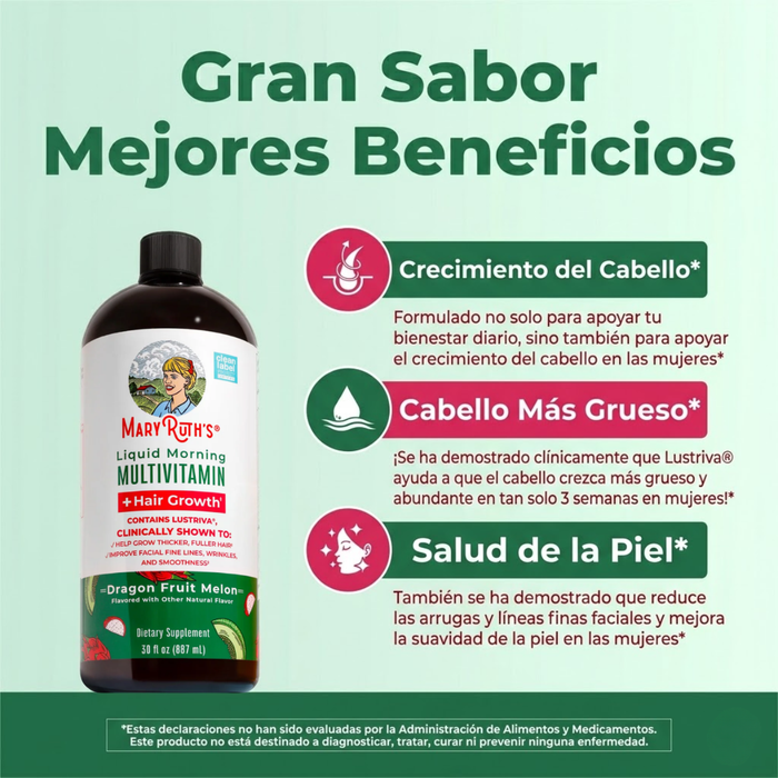 Multivitaminico Matutino + Crecimiento del Cabello Sabor Pitaya-Melon, Liquido 887 ml (30 fl oz), Mary Ruth's