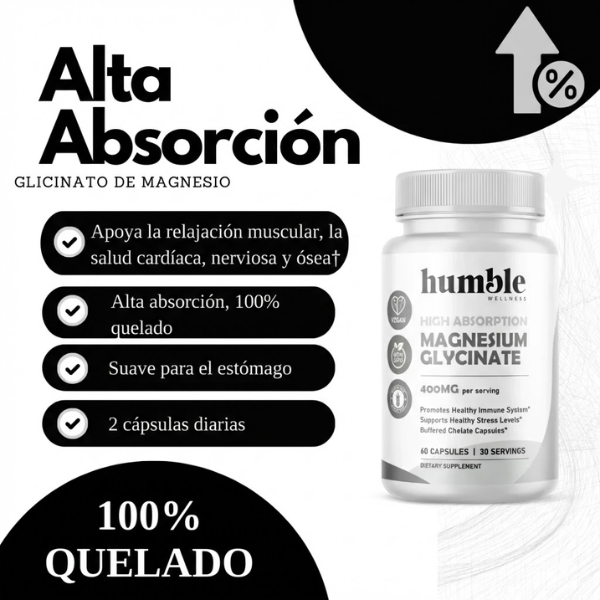 Glicinato de Magnesio de Alta Absorcion 400 mg (60 caps), Humble