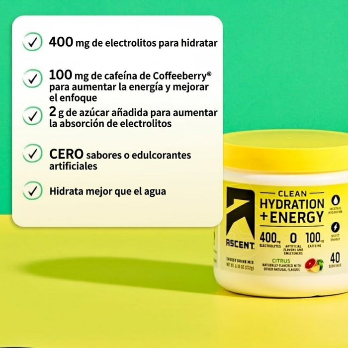 Electrolitos Clean de Hidratacion + Energía Sabor Cítrico (8.32 oz 236 g), Ascent