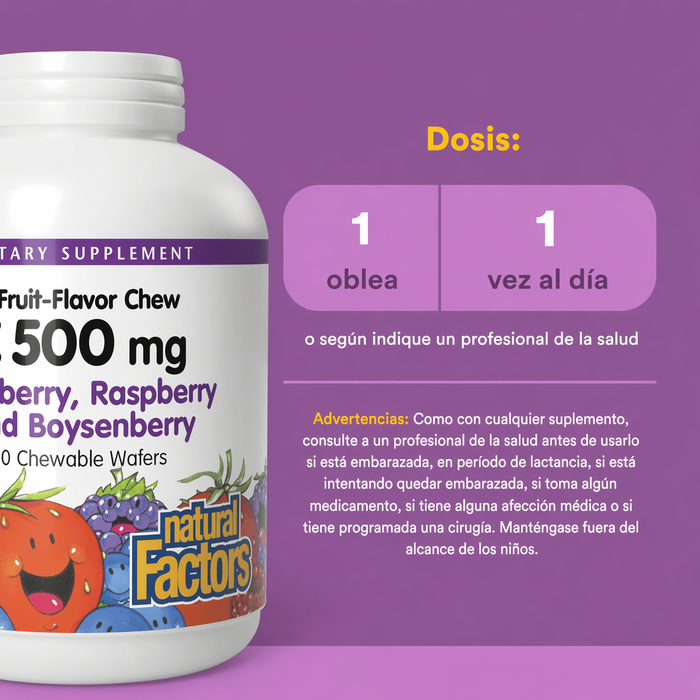 EX Vitamina C 500 mg Sabor a Mora Azul, Frambuesas & Arandanos (90 tabs), Natural Factors