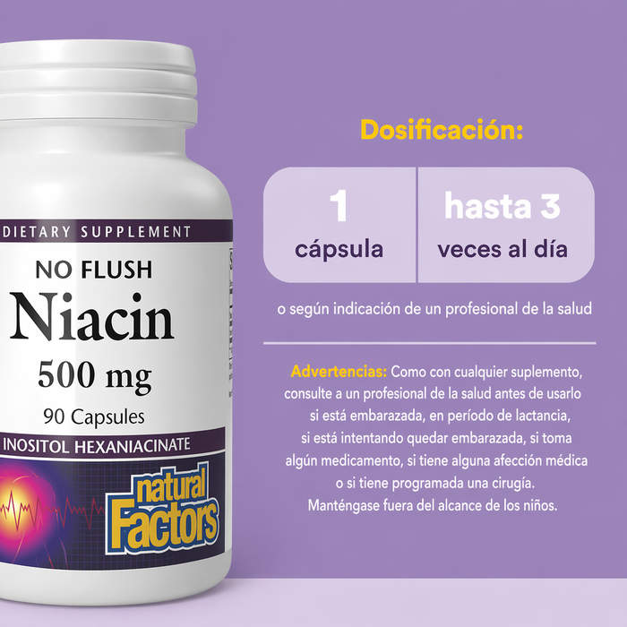 B3 Niacin 500 mg Sin Descarga (90 caps), Natural Factors
