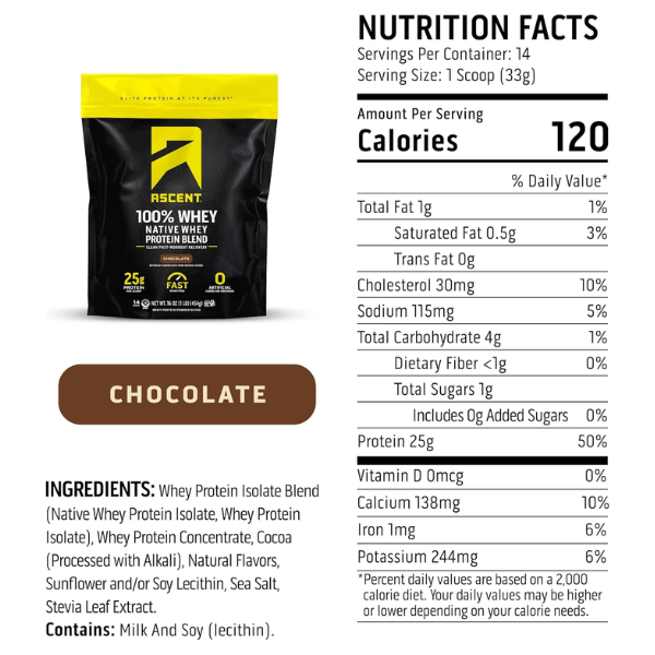 Proteína de Whey Sabor Chocolate (1 lb 454 g), Ascent