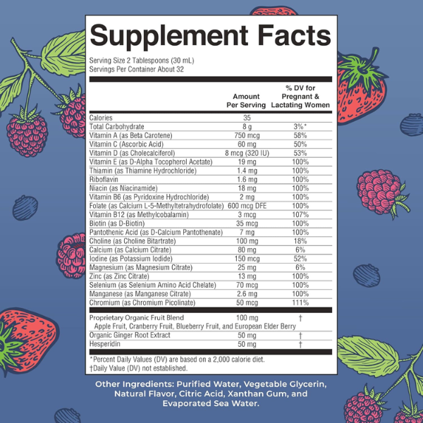 Multivitaminico Prenatal y Postnatal Sabor Frutos Rojos, Liquido 946 ml (32 fl oz), Mary Ruth´s