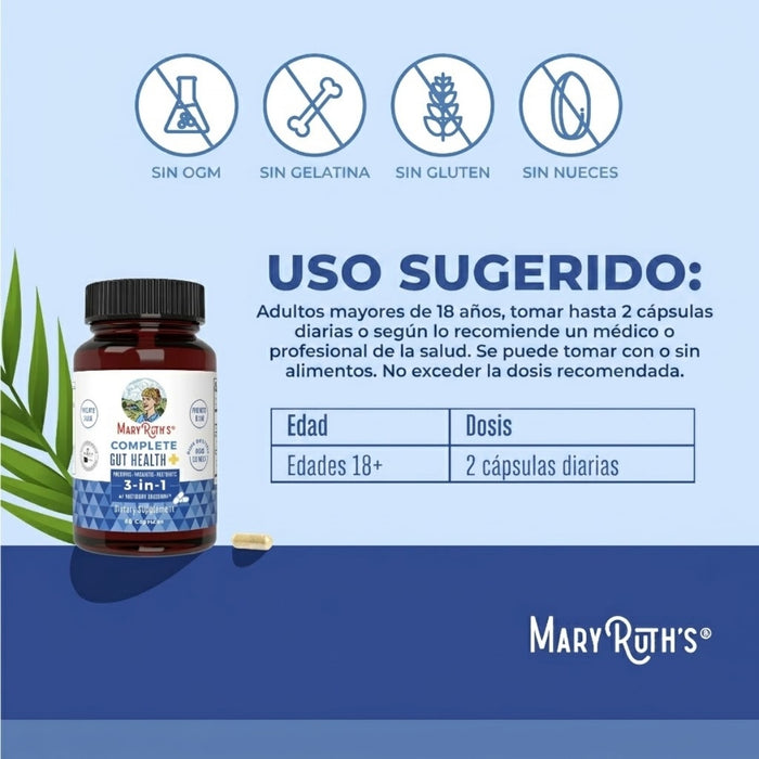 3 en 1 Salud Intestinal Completa, Prebiotico Probiotico y Postbiotico (60 capsules), Mary Ruth's