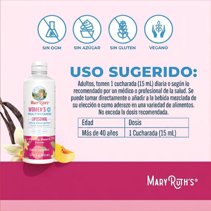 Multivitamínico Liposomal para la Salud Energética de la Mujer 40+ Sabor Vainilla Melocotón, Líquido 450 ml | Mary Ruth's