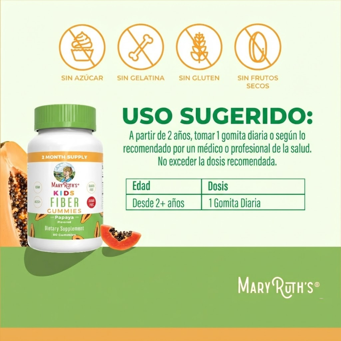 Fibra para Niños Sabor Papaya (60 gomitas), MaryRuth's