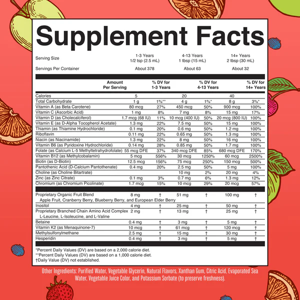 Multivitaminico Matutino sabor Ponche de Frutas sin Azucar (32fl oz/ 946ml), Mary Ruth´s