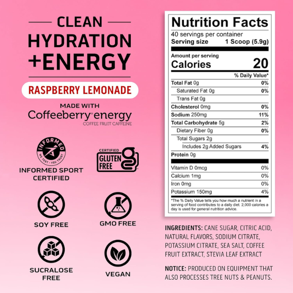 Electrolitos Clean de Hidratacion + Energía Sabor Frambuesa Limonada (8.32 oz / 236 g), Ascent