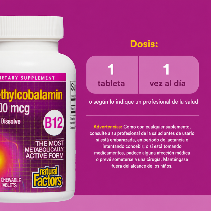 B12 Metilcobalamina 1,000 mcg Masticable (90 tabs), Natural Factors