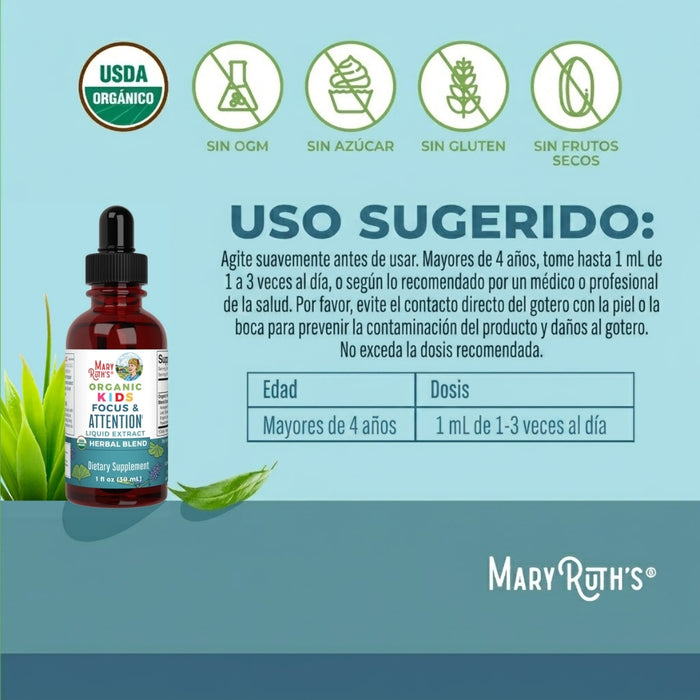 Enfoque y la Atencion de Niños, Organico, Liquido 30 ml (1 fl oz), Mary Ruth's