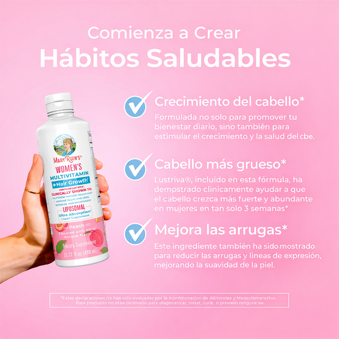 Multivitaminico + Lustriva Crecimiento del Cabello para Mujer Sabor Durazno, Liposomal 450 ml (15 fl oz), Mary Ruth's