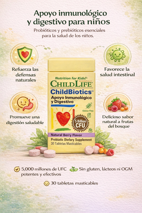 Apoyo Inmunologico y Digestivo para Niños Childbiotics (30 tabs masticables), Child Life