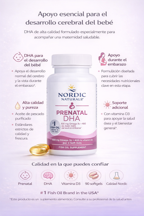 DHA Prenatal 830 mg con Omega-3 400IU y Vitamina D3 (90 softgels), Nordic Naturals