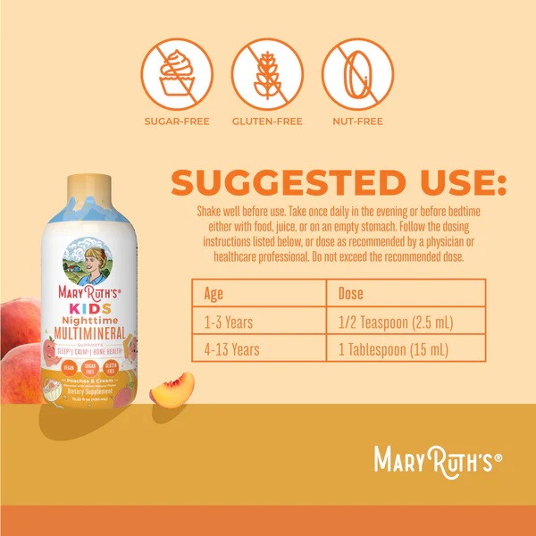 Multimineral Nocturno para Niños Sabor Durazno Cremoso, Liquido (15.22 fl oz 450 ml), Mary Ruth's