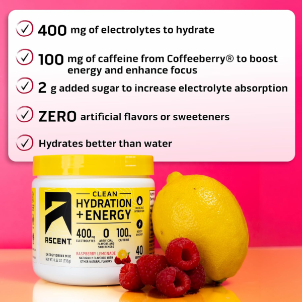Electrolitos Clean de Hidratacion + Energía Sabor Frambuesa Limonada (8.32 oz / 236 g), Ascent