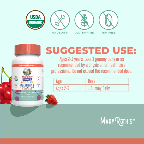 Multivitaminico y Postbiotico para Niños, Moras y Cereza (60 gomitas), Mary Ruth´s