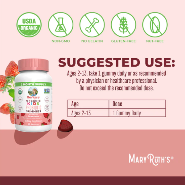 Probioticos Organicos para Niños Sabor Fresa (60 gomitas), Mary Ruth´s