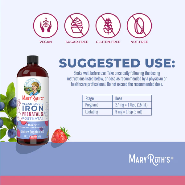 Hierro Prenatal y Posnatal Sabor Frutos Rojos, Liquido (15.22 fl oz/450 ml), Mary Ruth´s