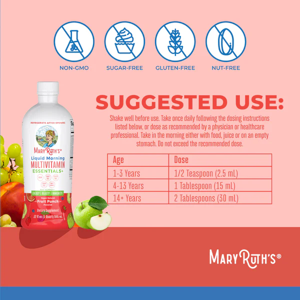 Multivitaminico Matutino sabor Ponche de Frutas sin Azucar (32fl oz/ 946ml), Mary Ruth´s