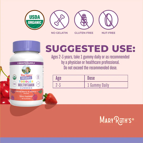 Multivitaminico Organico para niños sabor Bayas Mixtas y Cereza (60 gomitas), Mary Ruth´s