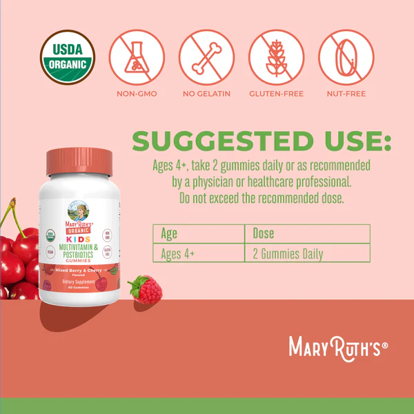 Kids Organic Multivitamin + Postbiotic Gummies/kids multi + posbiotic organic gummies/60 Mary Ruths Gummies
