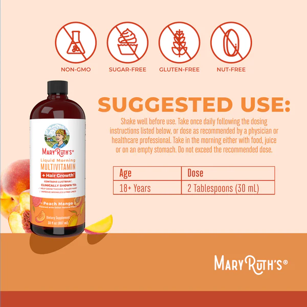 Multivitaminico Matutino + Crecimiento del Cabello sabor Durazno-Mango, Liquido (15.22 fl oz), Mary Ruth´s