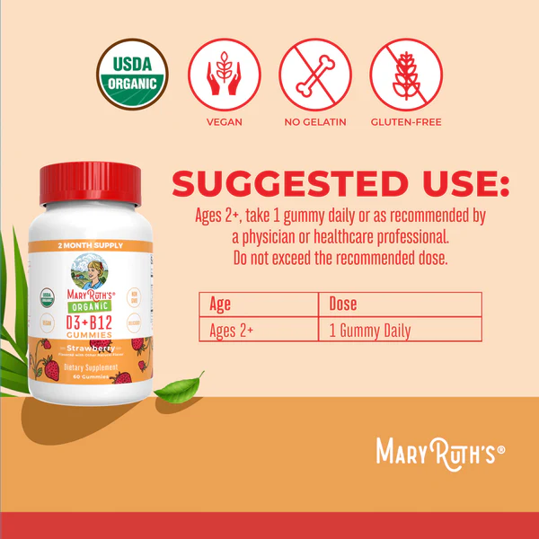 D3+B12 Organico Sabor Fresa (60 Gomitas), Mary Ruth´s