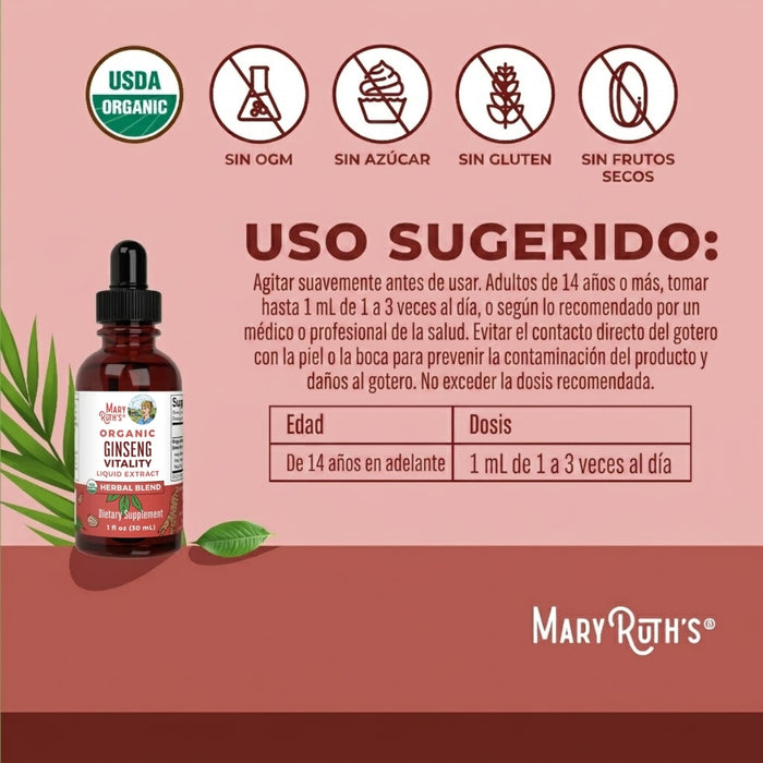 Vitalidad de Ginseng Organico, Liquido 30 ml (1 fl oz), Mary Ruth's