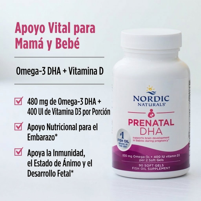 DHA Prenatal 830 mg con Omega-3 400IU y Vitamina D3 (90 softgels), Nordic Naturals