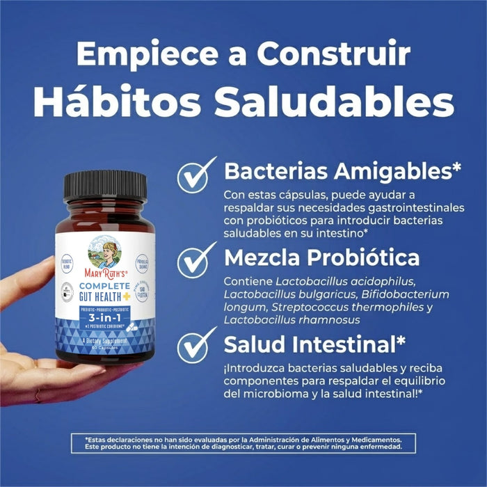 3 en 1 Salud Intestinal Completa, Prebiotico Probiotico y Postbiotico (60 capsules), Mary Ruth's