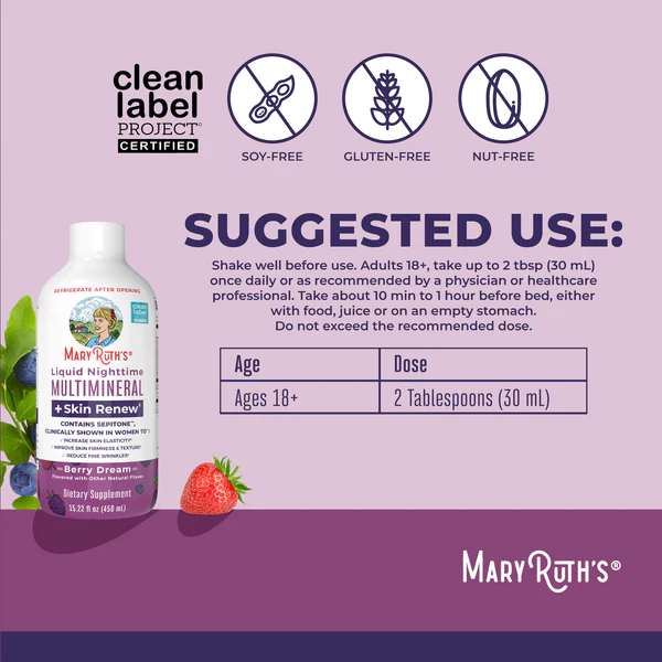 Multimineral Nocturno + Renovacion de Piel Sabor Frutos Rojos, Liquido (15.22oz/450ml), Mary Ruth´s