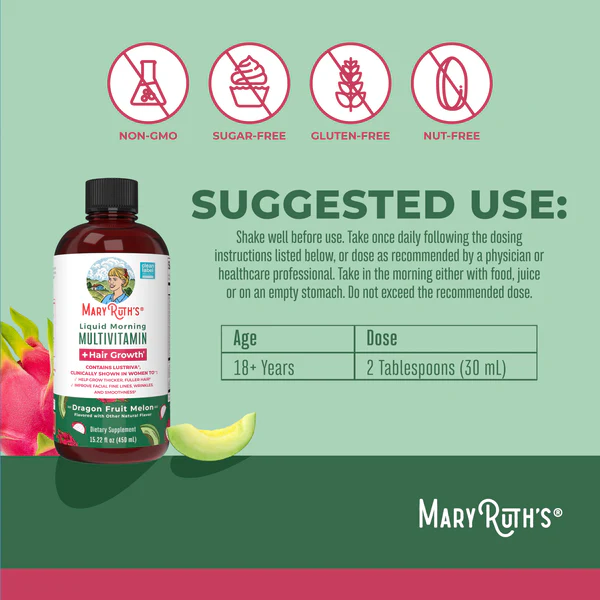 Multivitaminico Matutino + Crecimiento del Cabello Sabor Pitaya-Melon, Liquido (15.22 oz/ 450 ml), Mary Ruth´s