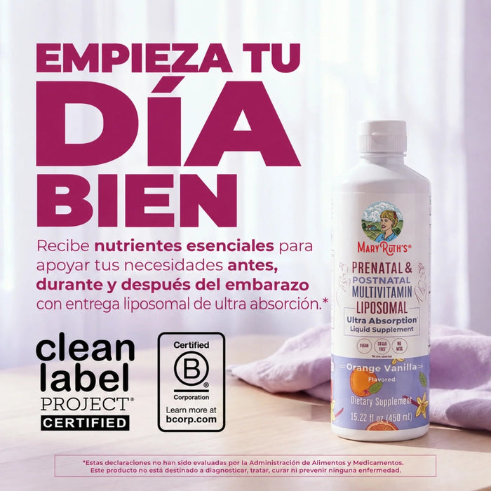 2X1 Multivitamínico Liposomal Prenatal y Postnatal Sabor Naranja Vainilla, Liposomal 450 ml (15.22 fl oz), MaryRuth's