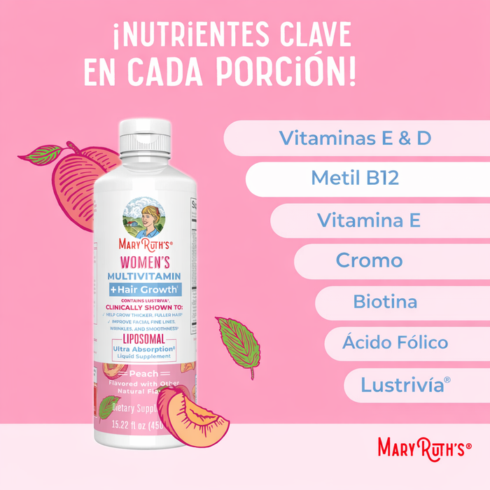 Multivitaminico + Lustriva Crecimiento del Cabello para Mujer Sabor Durazno, Liposomal 450 ml (15 fl oz), Mary Ruth's