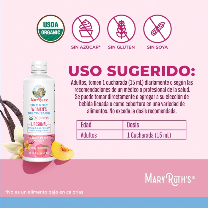Multivitaminico Liposomal Organico para Mujeres Sabor Vainilla Durazno 450 ml (15.22 fl oz), Mary Ruth's
