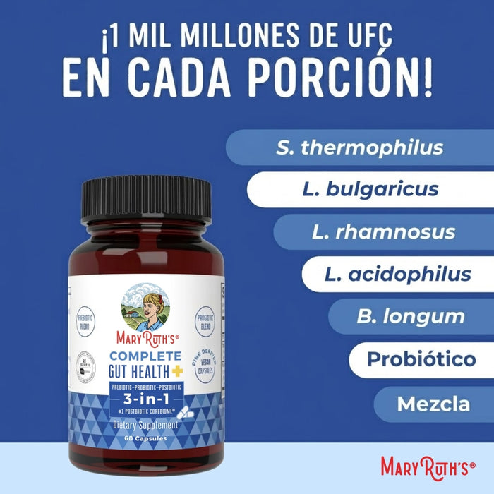 3 en 1 Salud Intestinal Completa, Prebiotico Probiotico y Postbiotico (60 capsules), Mary Ruth's