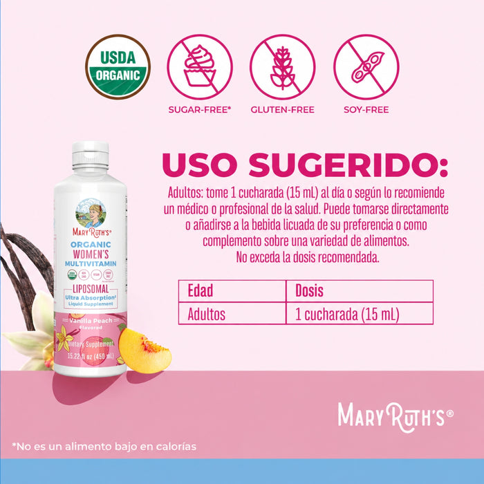 Multivitaminico Liposomal Organico para Mujeres Sabor Vainilla Durazno 450 ml (15.22 fl oz), Mary Ruth's